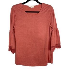 New Entro Small S Orange Rust Lace Trim Bell 3/4 Sleeve Burnout Tee Tshirt Crew